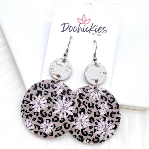2.5" White & Daisies on Leopard Piggyback Corkies -Earrings