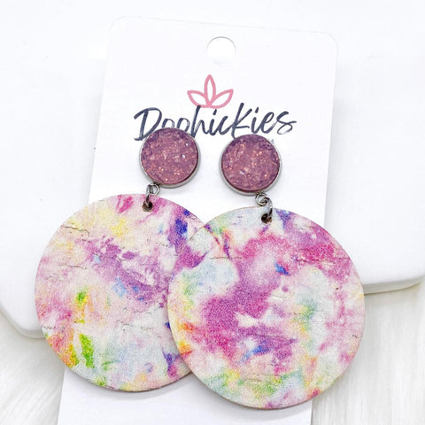 2" Frosted Purple & Pastel Tie Dye Piggyback Dangle Corkies -Earrings