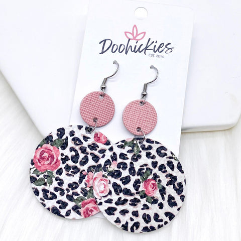 2.5" Pink Saffiano & Roses on Leopard Piggybacks (leather) -Earrings