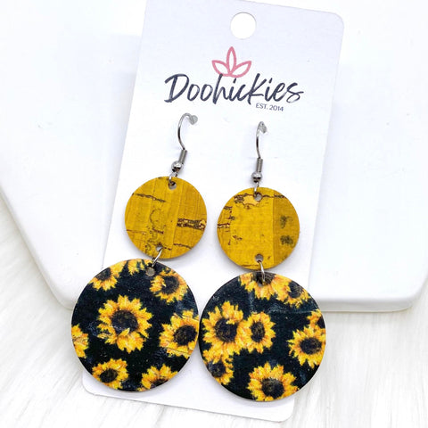 2.5" Yellow & Black Sunflower Double Corkies -Summer Earrings