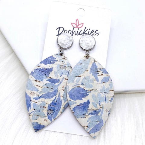 3" White & Blue Floral Dangle Leaf Corkies -Earrings