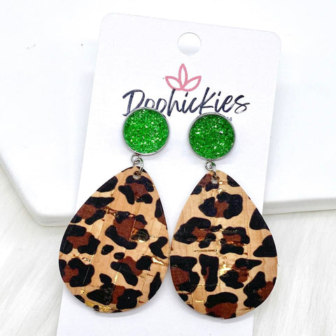 2" Green & Metallic Leopard Dangle Corkies -Earrings