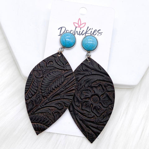 3" Turquoise & Dark Chocolate Embossed Leaf Dangles -Western Earrings