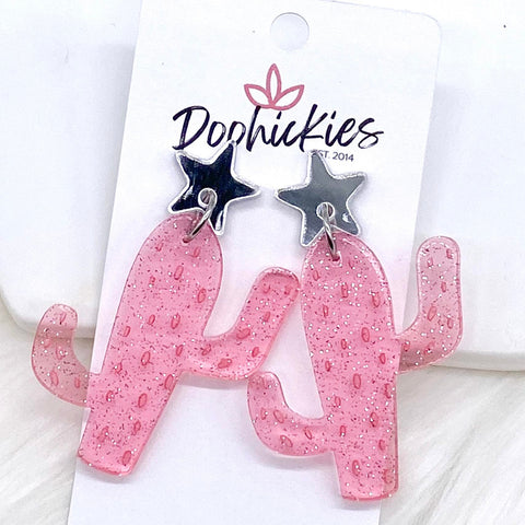 2.25" Glitzy Pink Cactus Acrylic Dangles -Earrings