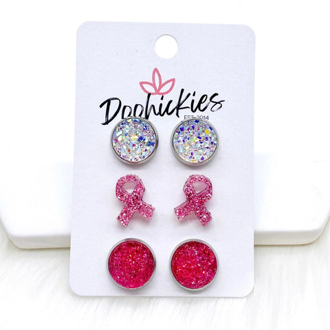 12mm Crystal/Glittery Pink Ribbons/Hot Pink Sparkles in Stainless Steel Settings - Breast Cancer Awareness Stud Earrings