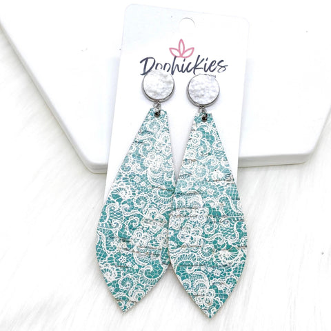 3" White & Mint Lace Long Dangle Corkies -Earrings