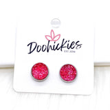 Hot Pink Sparkle Singles in Stainless Steel Settings -Earrings