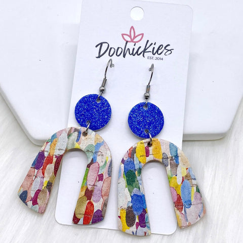 2.5" Blue Glitter & Mexican Confetti Rainbow Corkies -Earrings