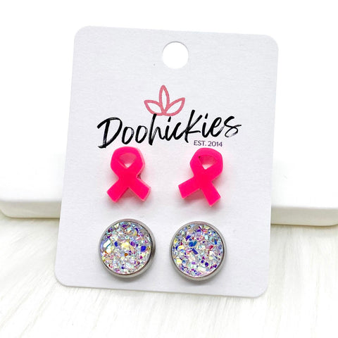 12mm Hot Pink Ribbons & Crystals in Stainless Steel Settings - Breast Cancer Awareness Stud Earrings