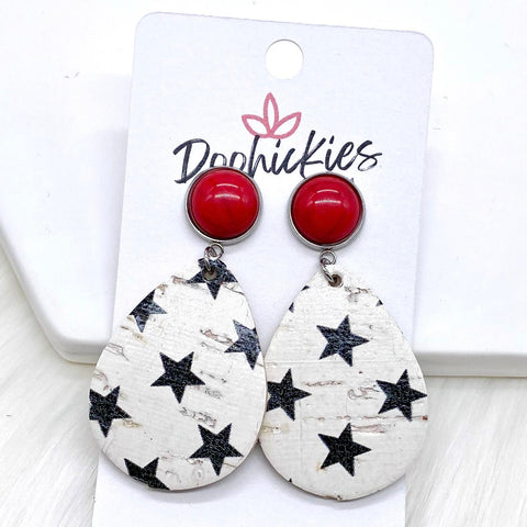 2" Red Turquoise & Black Star Dangle Corkies -Patriotic Earrings