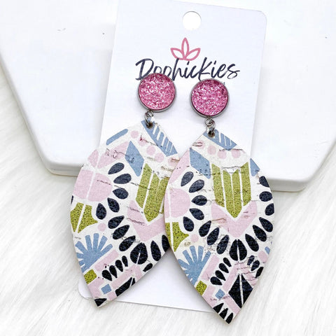 3" Pink Sparkles & Spring Aztec Dangle LEAF Corkies -Earrings