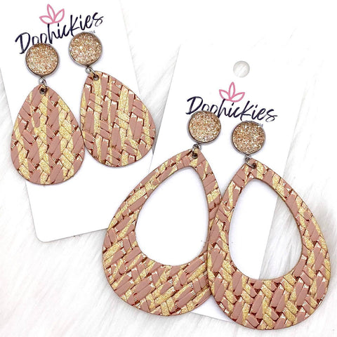 Champagne & Blush Basketweave Zebra Leather Dangle Hoopies -Earrings