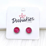 Hot Pink Sparkle Singles in Stainless Steel Settings -Earrings