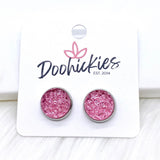 Pink Sparkle Singles in Stainless Steel Settings -Earrings