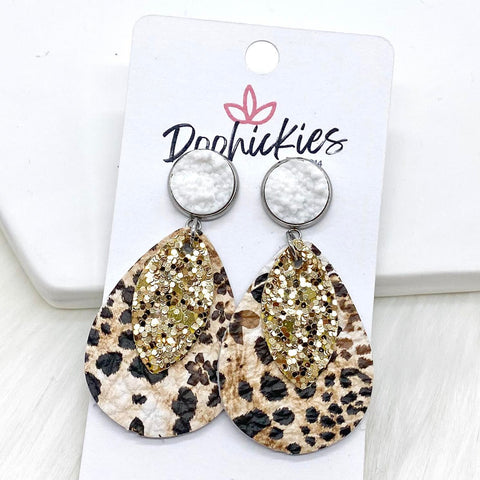 2" White & Bronze Glitter/Tan & Cream Leopard Layered Dangles -Earrings