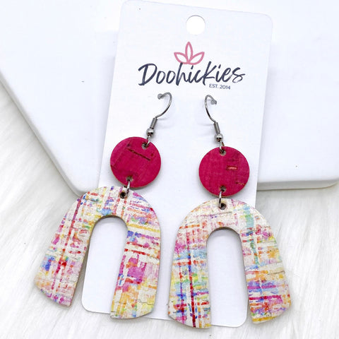 2.5" Hot Pink & Watercolor Streaked Rainbow Corkies -Earrings
