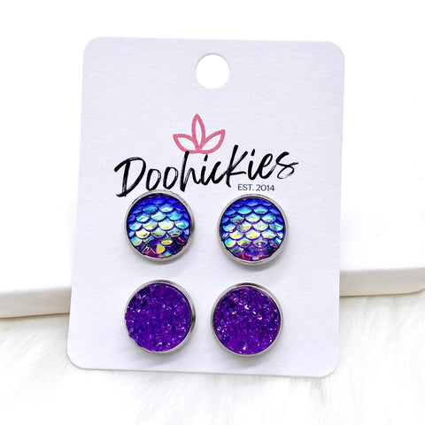 12mm Purple Mermaid & Purple Sparkles in Stainless Steel Settings -Earrings