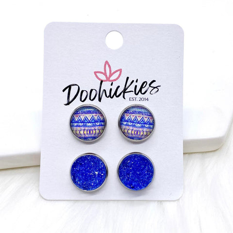 12mm Blue Aztec & Blue Sparkles in Stainless Steel Settings -Earrings