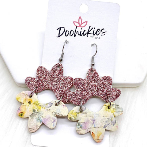 2.5" Blush Glitter & Yellow Watercolor Floral Blossoms -Earrings