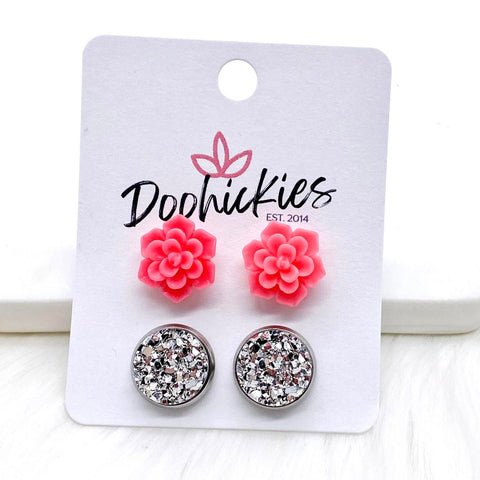 12mm Hot Pink Succulents & Silver in Stainless Steel Settings -Earrings