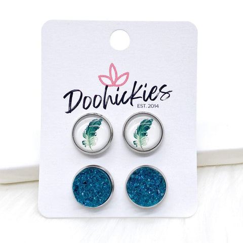12mm Teal Feathers & Teal Sparkles in Stainless Steel Settings -Earrings