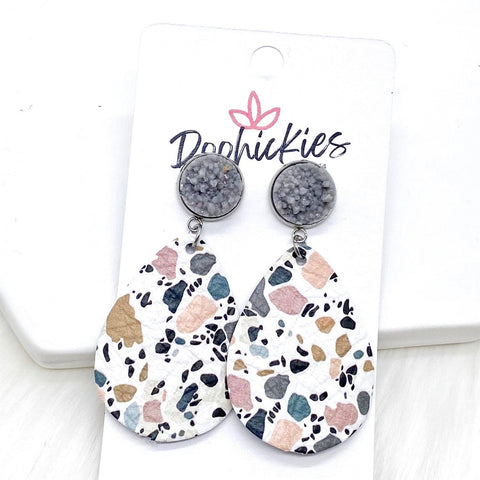 2" Grey Shimmer & Pink Mosaic Dangles (leather) -Earrings