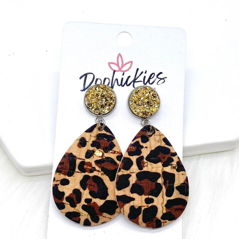 2" Gold & Metallic Gold Leopard Dangle Corkies -Earrings