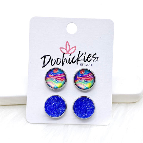 12mm Psychedelic & Blue Sparkles in Stainless Steel Settings -Summer Earrings