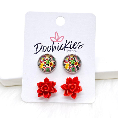 12mm Mustard Floral & Red Succulents in Stainless Steel Settings -Earrings