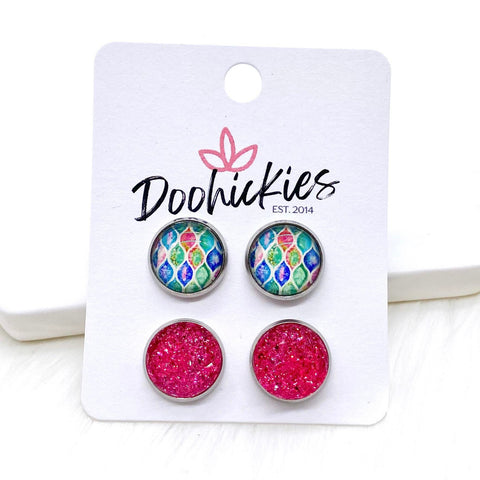 12mm Bright Abstract & Hot Pink Sparkles in Stainless Steel Settings -Summer Earrings