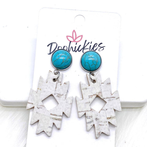 2" Blue Turquoise & White Linen Lil’ Aztec Dangle Corkies -Earrings