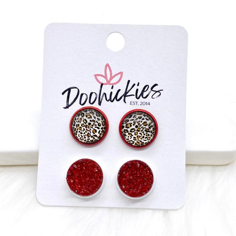 12mm Tan Leopard & Red Sparkles in Red/White Settings -Earrings