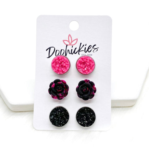 12mm Pink Crystals/Pink & Black Roses/Black in Stainless Steel Settings -Earrings