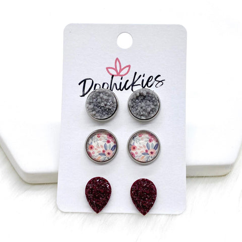 12mm Grey Shimmer/Pink & Grey Floral/Burgundy Teardrops in Stainless Steel Settings -Earrings