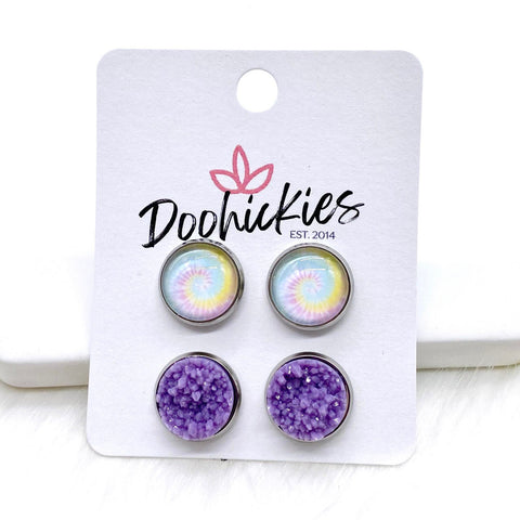 12mm Pastel Tie Dye & Purple Crystals in Stainless Steel Settings -Earrings