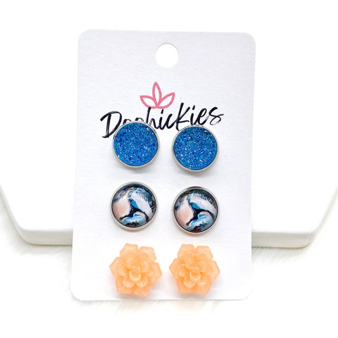 12mm Teal Blue Sparkles/Geo Swirl/Sparkly Peach Succulents in Stainless Steel Settings -Earrings