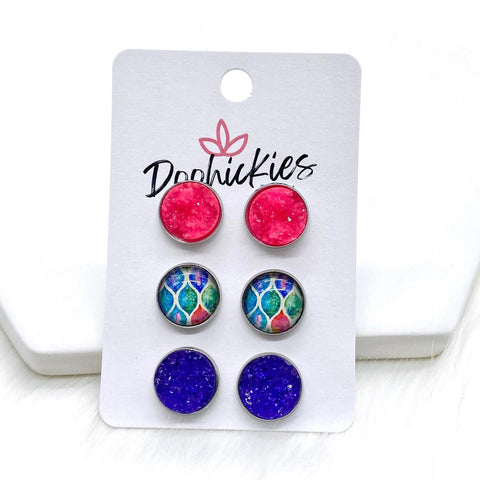 12mm Hot Pink Ice/Pastel Abstract/Purple Sparkles in Stainless Steel Settings -Earrings