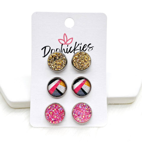 12mm Gold/Funky Abstract/Medium Pink in Stainless Steel Settings -Earrings