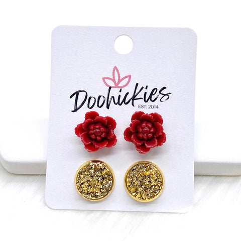 12mm Red Flowers & Gold in Gold Settings -Earrings