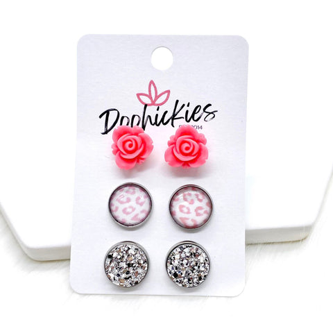 12mm Hot Pink Roses/Pastel Pink Leopard/Silver in Stainless Steel Settings -Earrings