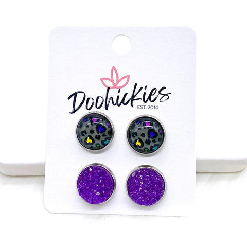 12mm Rainbow Leopard Hearts & Purple Sparkles in Stainless Steel Settings -Earrings