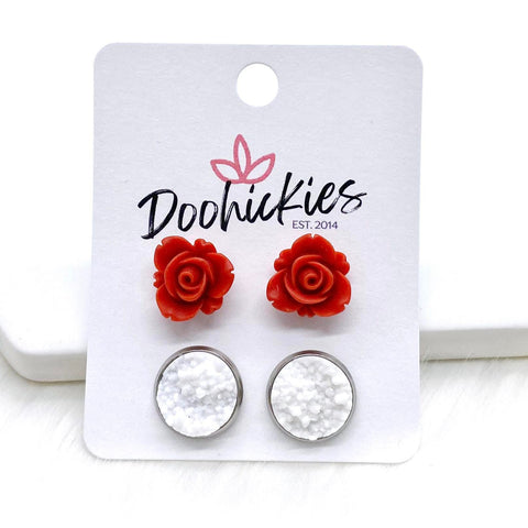 12mm Red Blooming Roses & White in Stainless Steel Settings -Earrings