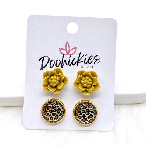 12mm Mustard Flowers & Golden Leopard in Gold Settings -Fall Earrings