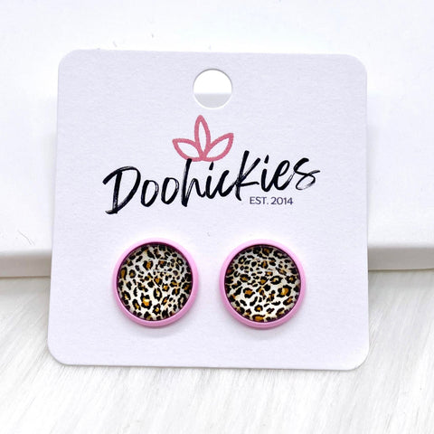 12mm Leopard Singles in Bright Pink Settings -Earrings