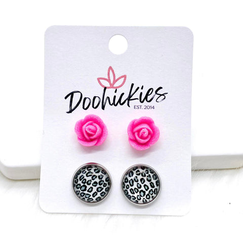 Tiny Hot Pink Roses & 12mm Silver Leopard in Stainless Steel Settings -Earrings