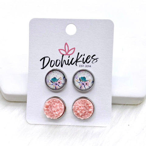 12mm Pink/Mint Floral & Pink Crystals in Stainless Steel Settings -Earrings