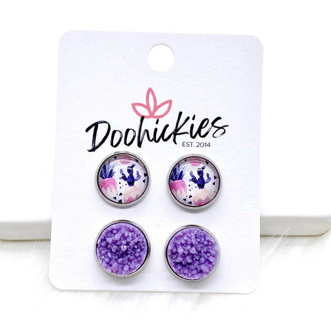 12mm Pastel Cactus & Purple Shimmer in Stainless Steel Settings -Earrings
