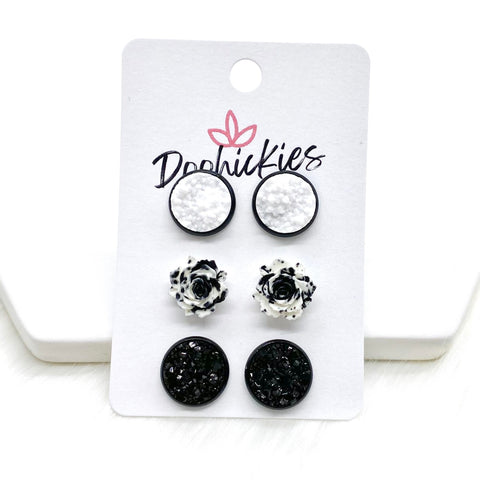 12mm White/Black & White Roses/Black in Black Settings -Earrings