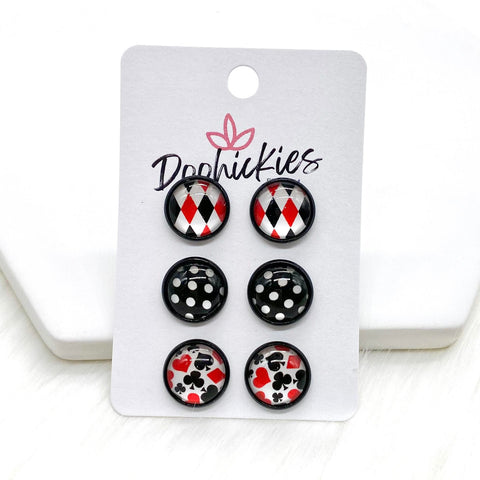12mm Diamonds/Black Polka Dots/Playing Cards in Black Settings -Earrings