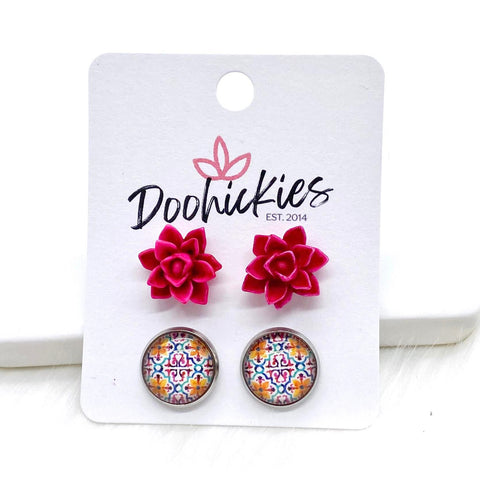 12mm Hot Pink Succulents & Abstract Scrolls in Stainless Steel Settings -Earrings